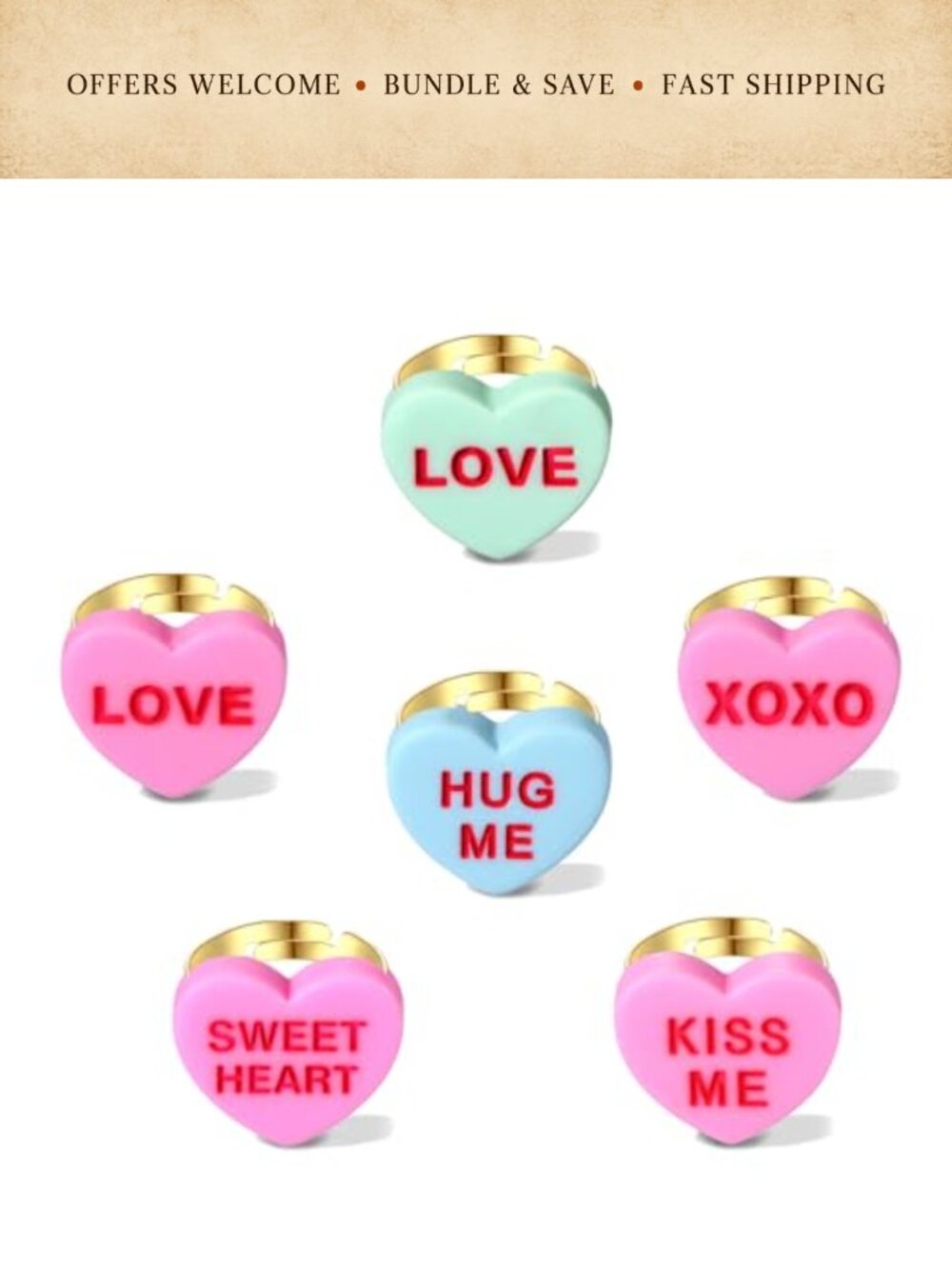 6pc Stacking Heart Rings Set Adjustable Alloy Valentine's Day Love XOXO Gift